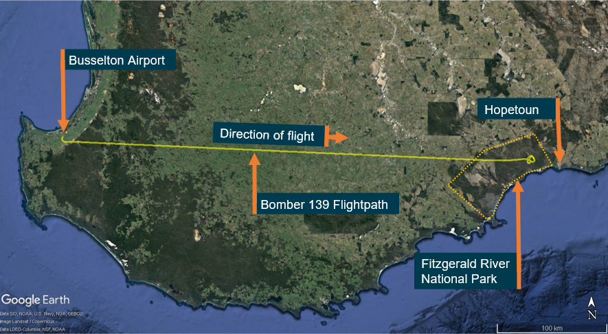 Figure 1: Bomber 139 flightpath from Busselton to Fitzgerald River National Park