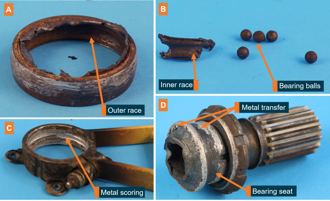 Figure 2: Damaged components of the failed bearing (A, B), hanger (C), and fan shaft (D)