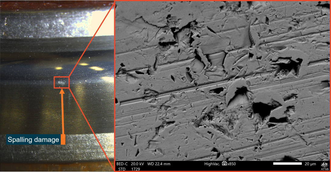 Figure 4: Inner race spalling damage seen through an optical microscope (left) and electron microscope (right)