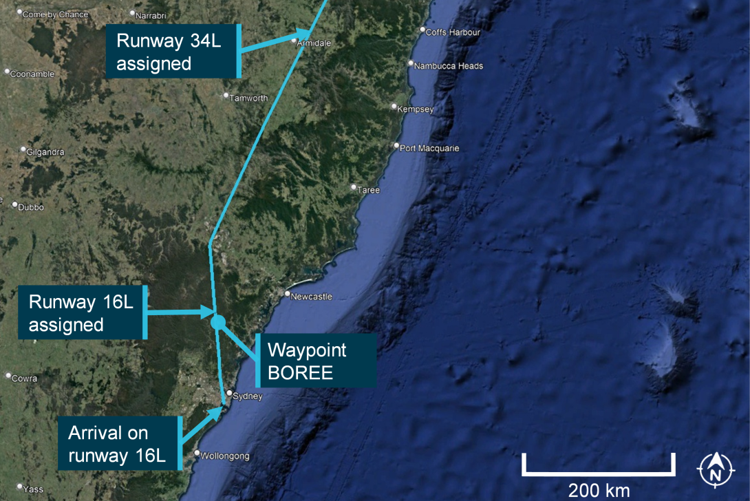 Flight path of VA942 with respect to when the runway was assigned