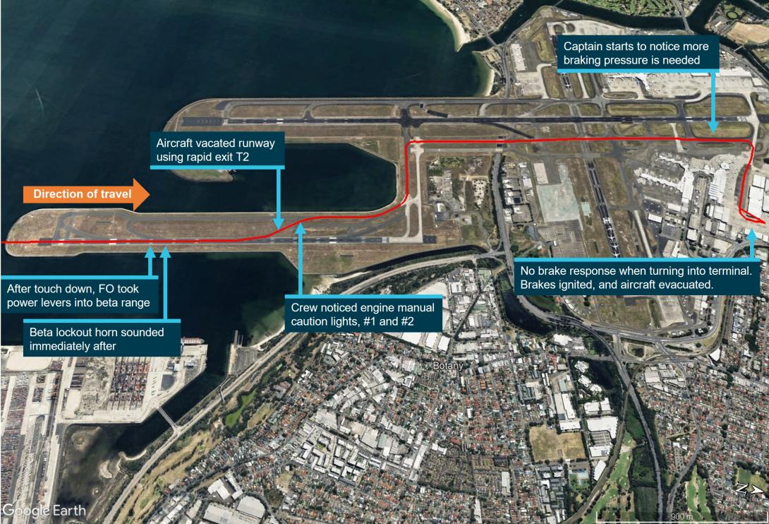 ADS-B derived flight data showing the track of the aircraft on the ground at Sydney and the location of the brake failure