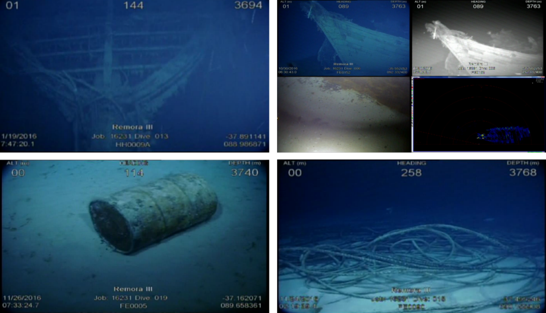 ROV images of man-made objects discovered during the underwater search.