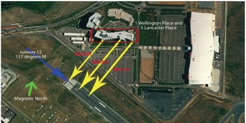 Figure 18: Aerial view of runway 12 and the adjacent buildings