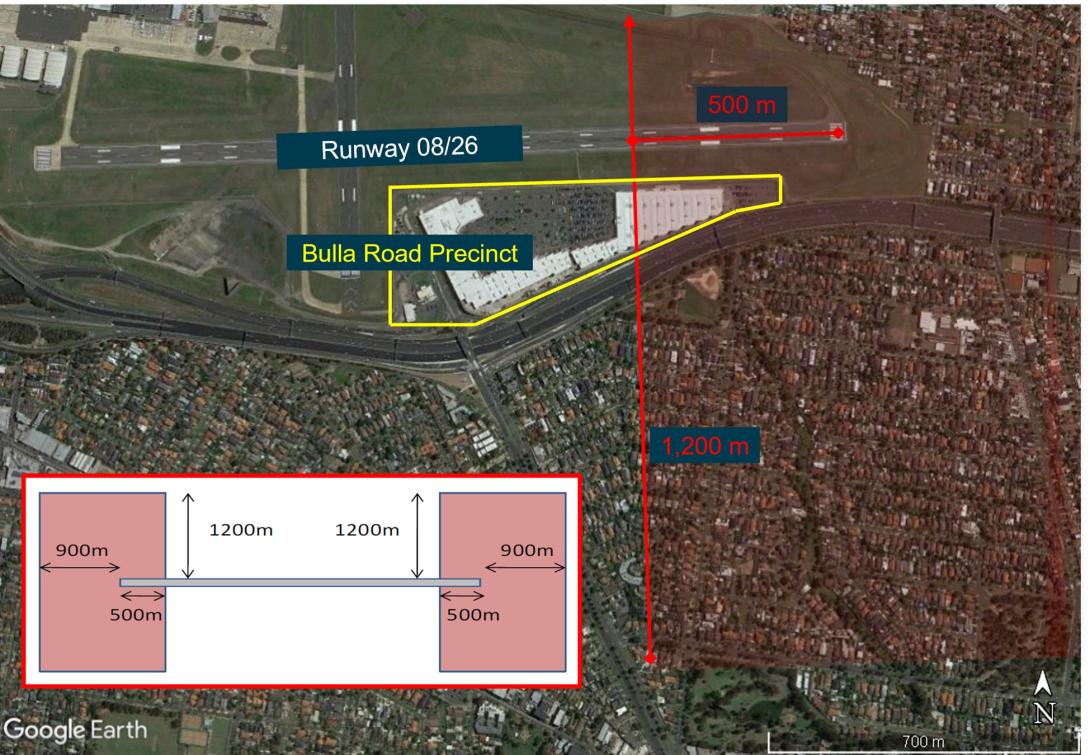 Figure 20: Assessment trigger area (red shading) around runways (inset) and partially around runway 08/26 (main) for comparison