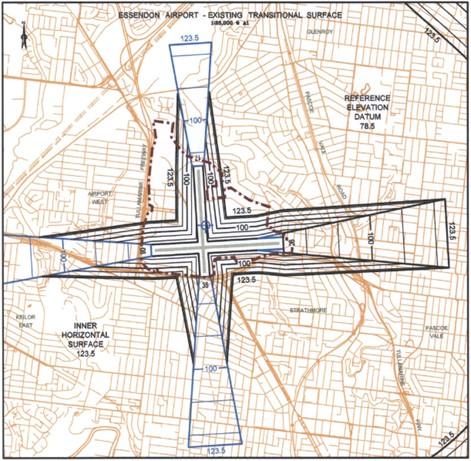 Figure 25: Essendon Fields Airport OLS diagram with transitional surfaces, October 2003 (see also Figure 10)