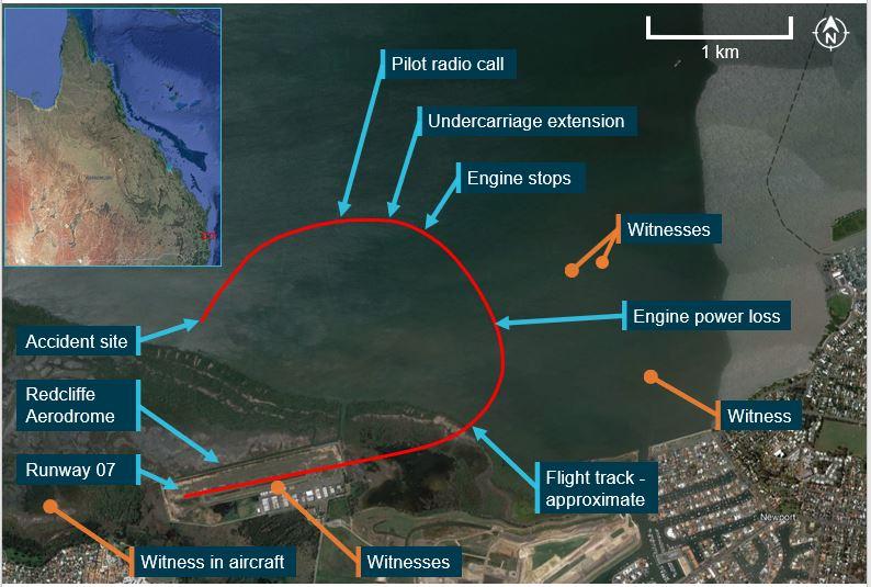 Figure 1: Redcliffe aircraft landing area and VH-WMM approximate flight path and accident site