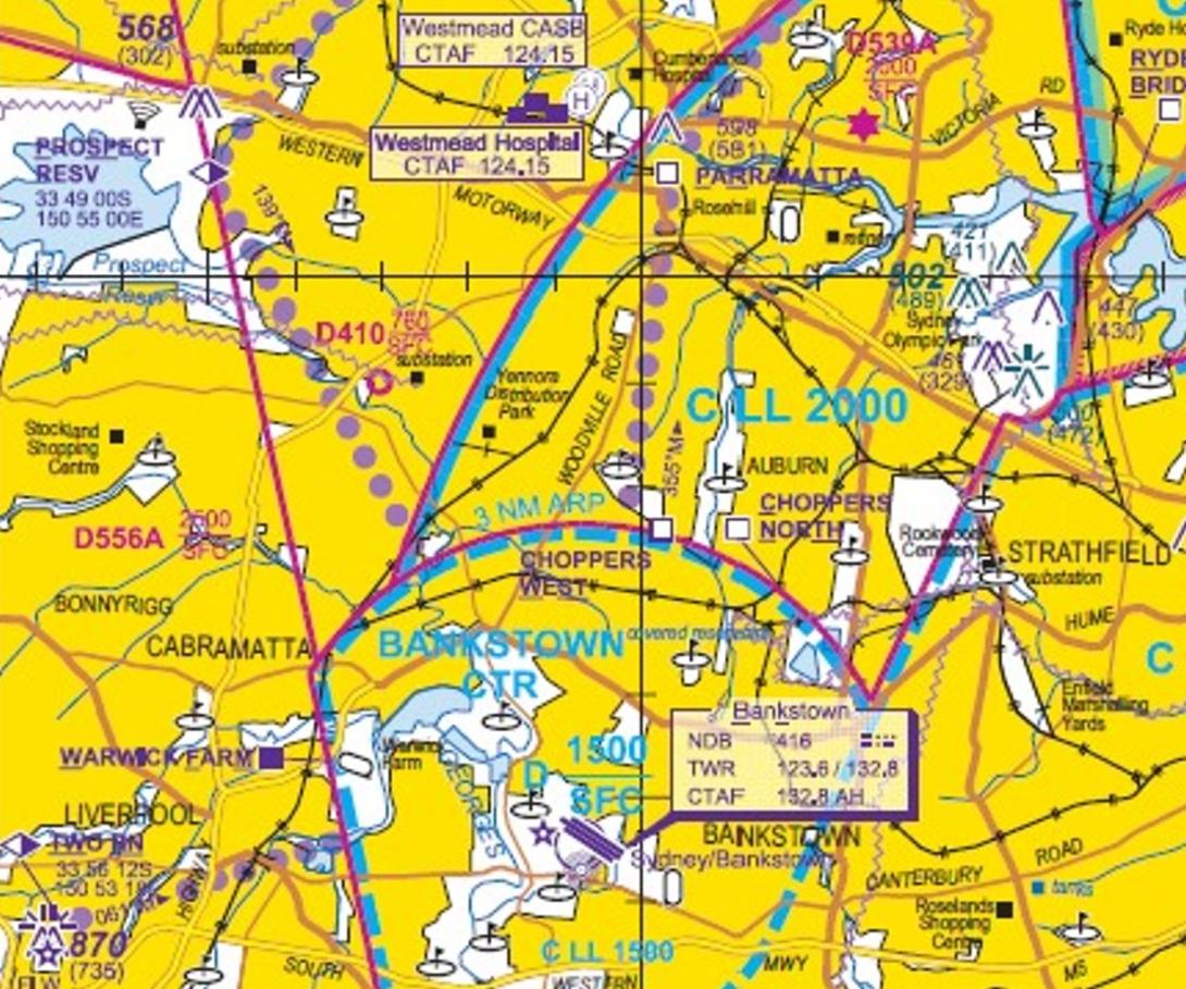 Figure 1: Sydney VTC extract showing Prospect Reservoir in top left corner and Bankstown Aerodrome in lower middle of image. 