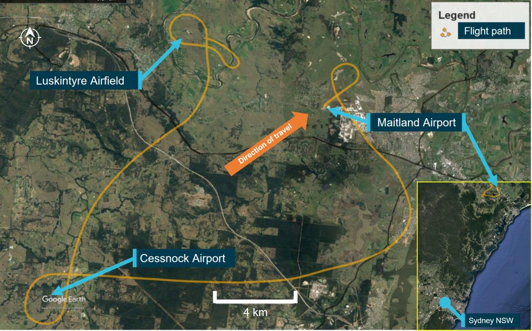 Figure 1: VH-UDQ Maitland to Luskintyre flight with inset showing flight path north of Sydney, NSW