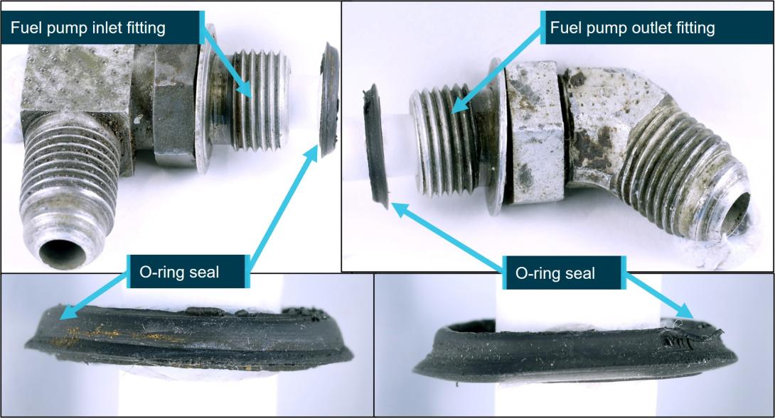 Figure 6: Fuel pump fittings and O-ring seals showing loss of natural shape and surface defects