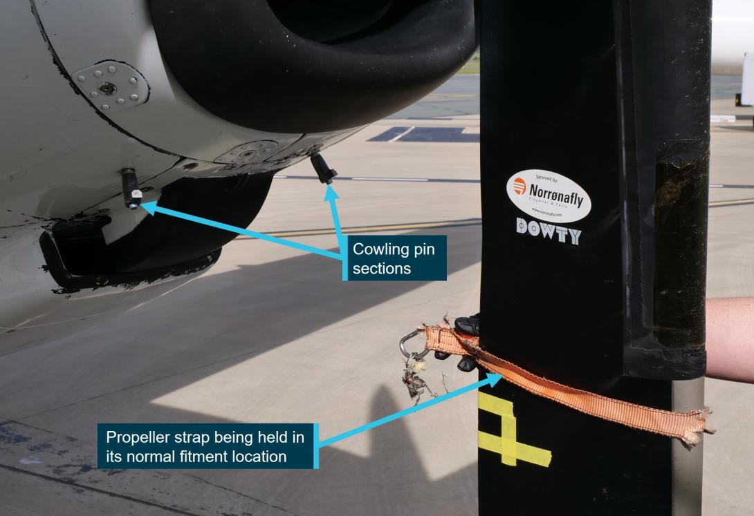 Figure 2: Cowling pin sections that remained secured in the engine cowling, and the damaged propeller strap shown in the normal fitment location after being recovered from the fuselage