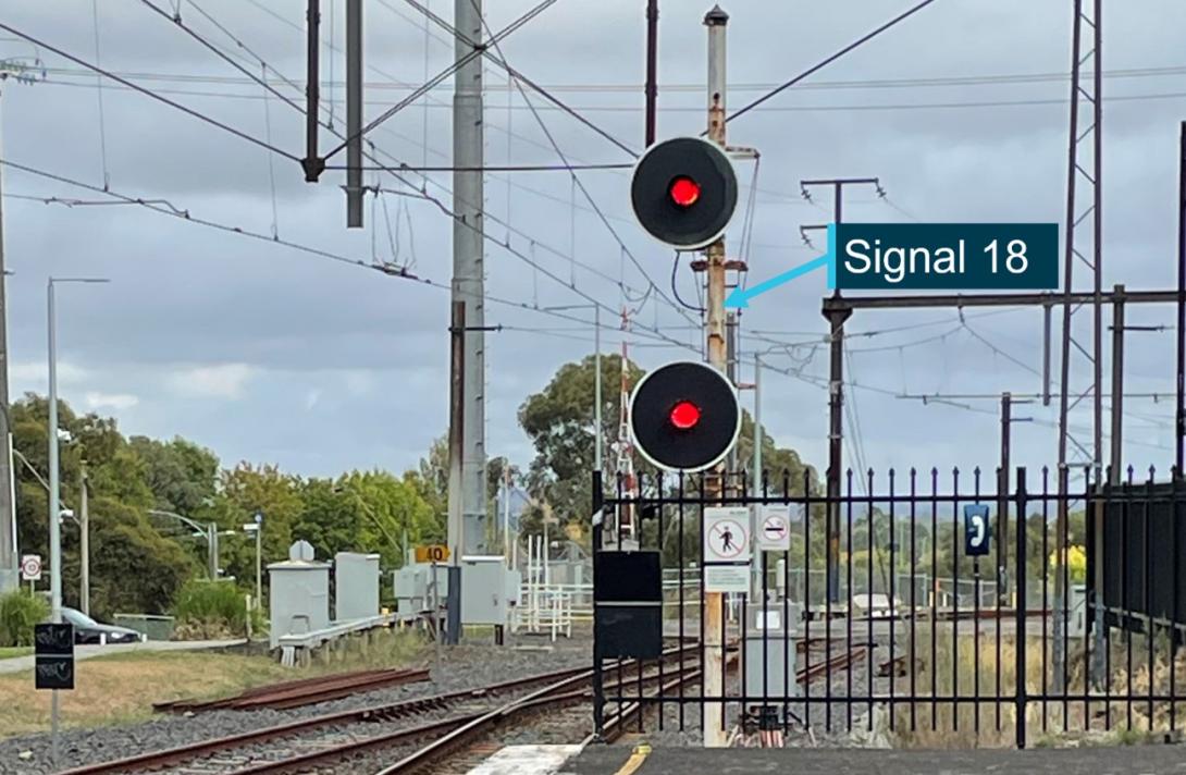 Departure home signal 18 at Upper Ferntree Gully station at stop