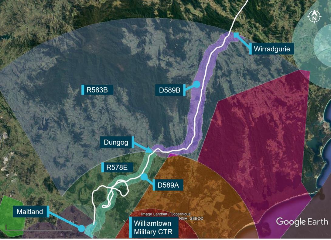 Figure 2: VH-PHP flight track (in white) through the Williamtown inland VFR route D589