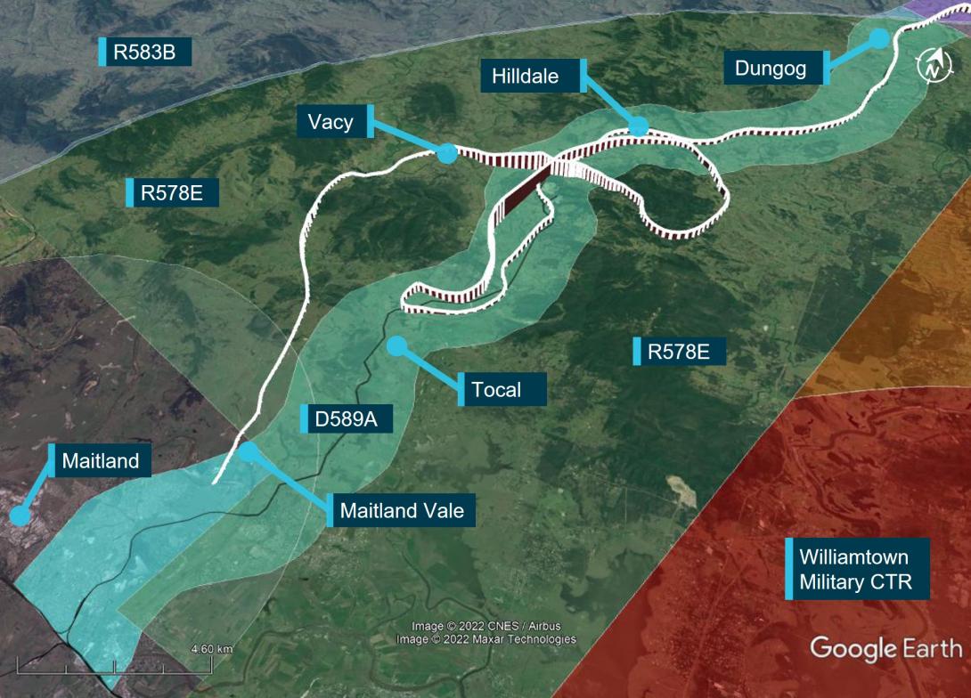 Figure 3: VH-PHP flight track (in white) through the Williamtown VFR route D589A