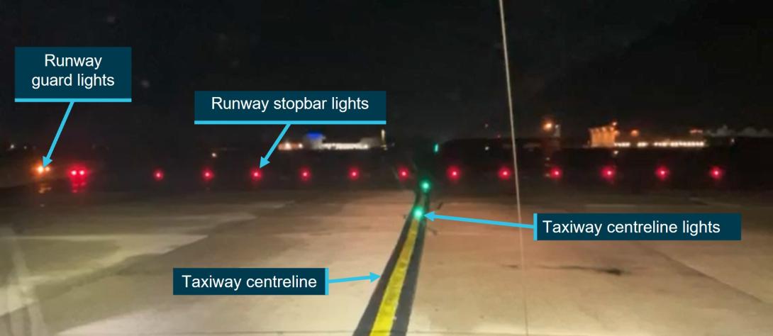 Figure 3: Lighting on taxiway A7 approaching the stop bars prior to runway 01R