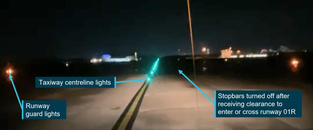 Figure 4: Lighting on taxiway A7 after clearance given to cross or enter runway 01R