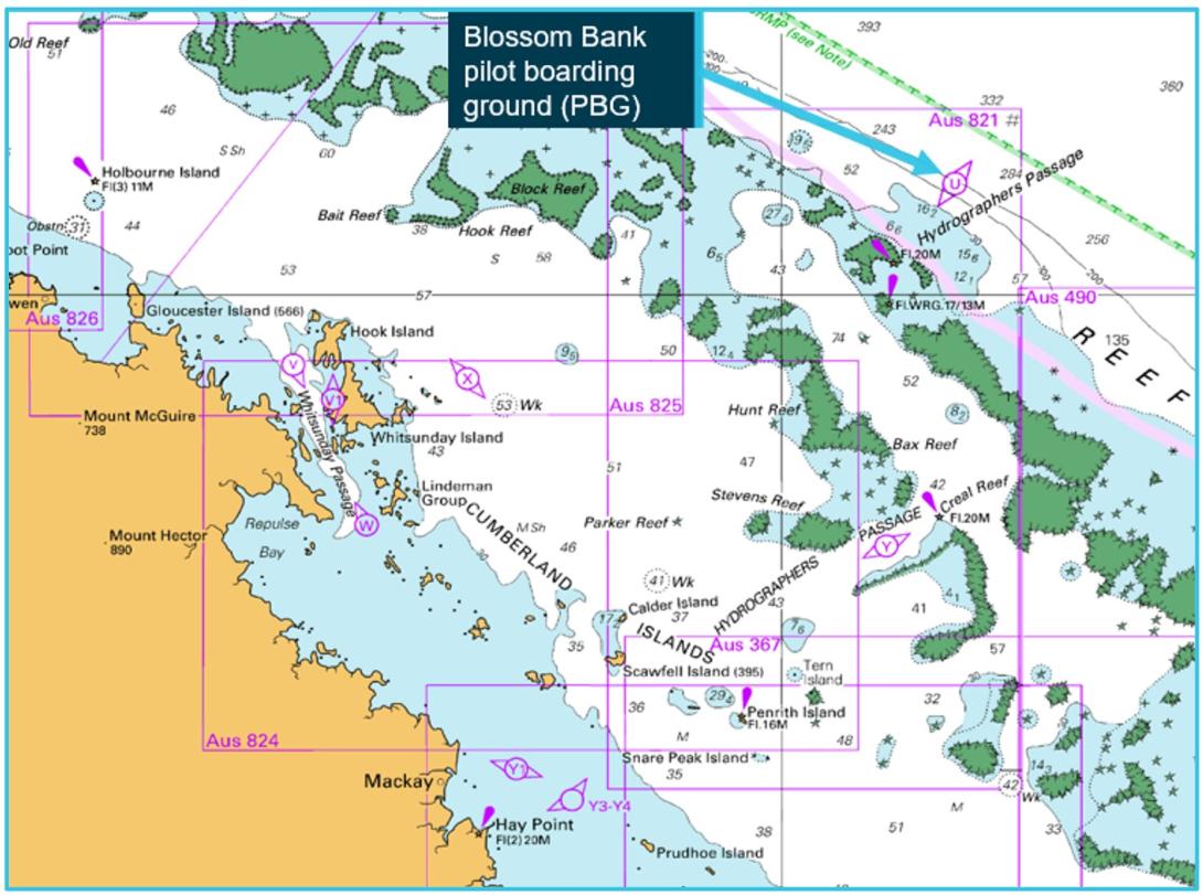 Figure 1: Navigational chart showing Blossom Bank pilot boarding ground