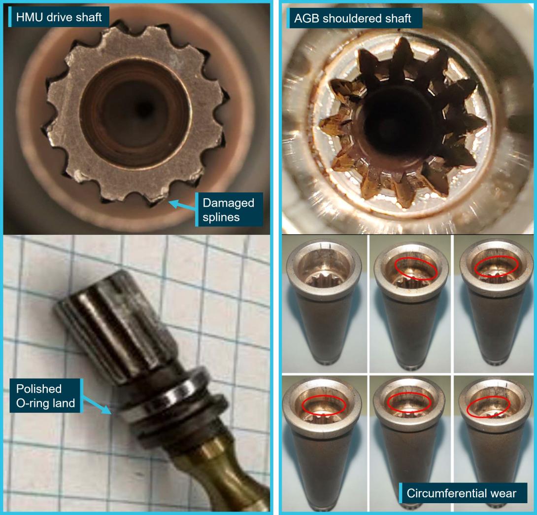 Figure 5: HMU drive shaft spline and AGB shouldered shaft damage