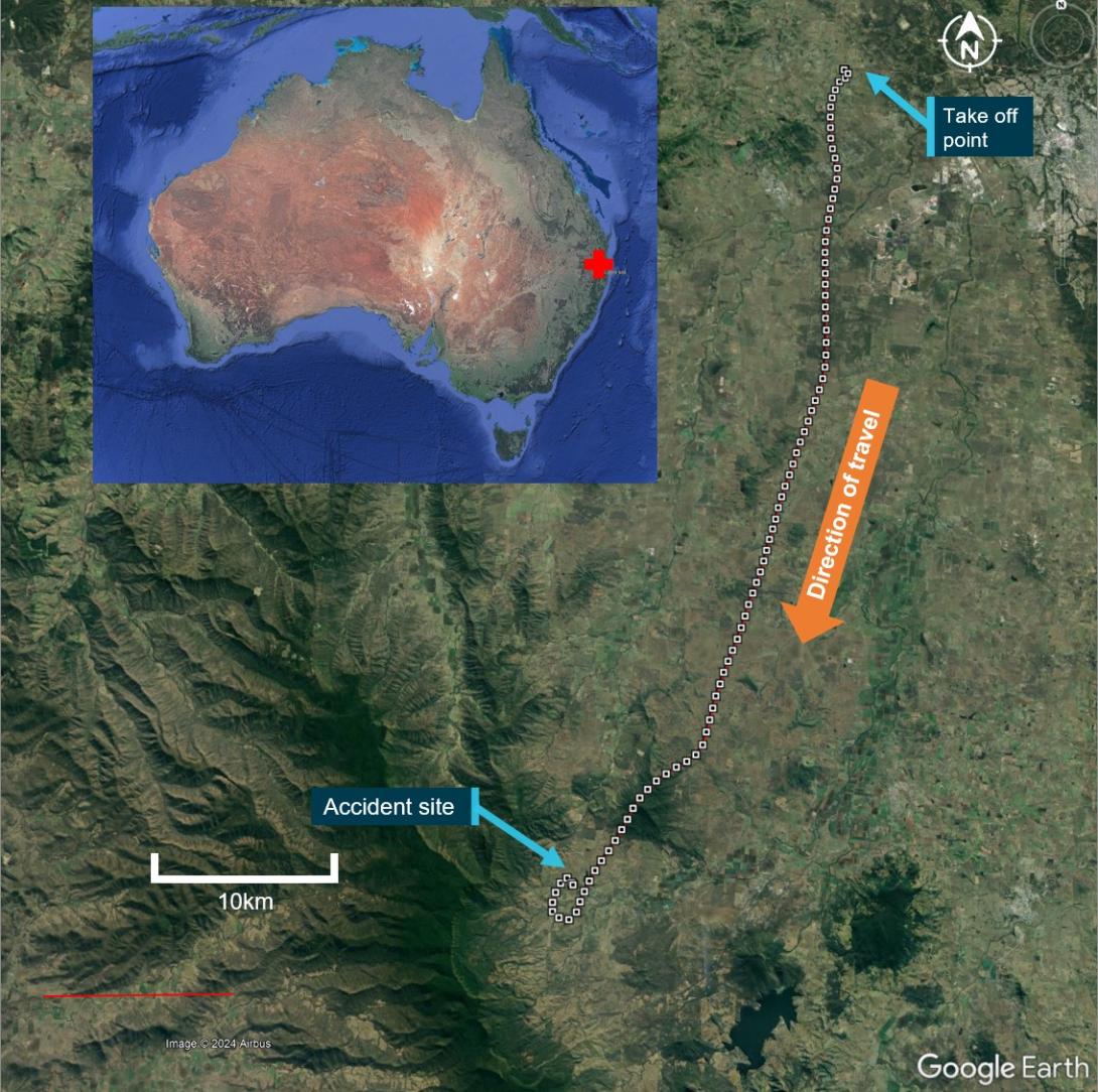 Figure 1: VH-EQW flight track from the take-off point to the accident site