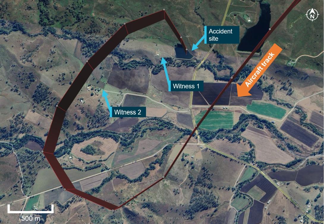 Figure 2: VH-EQW flight track with accident site and witness locations