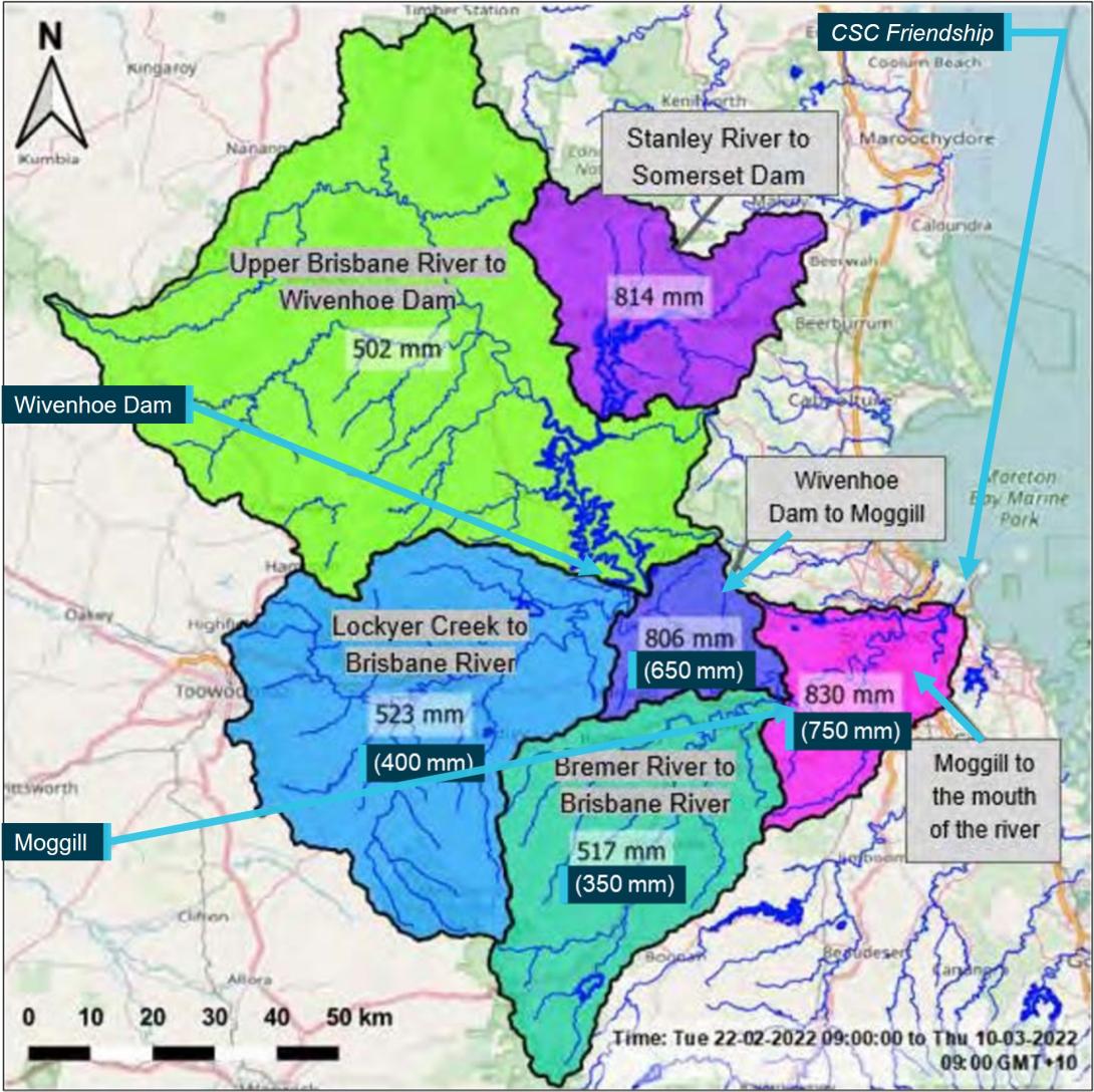 Figure 8: Average rainfall depths for the Brisbane River sub-catchments from 22 February to 10 March 2022