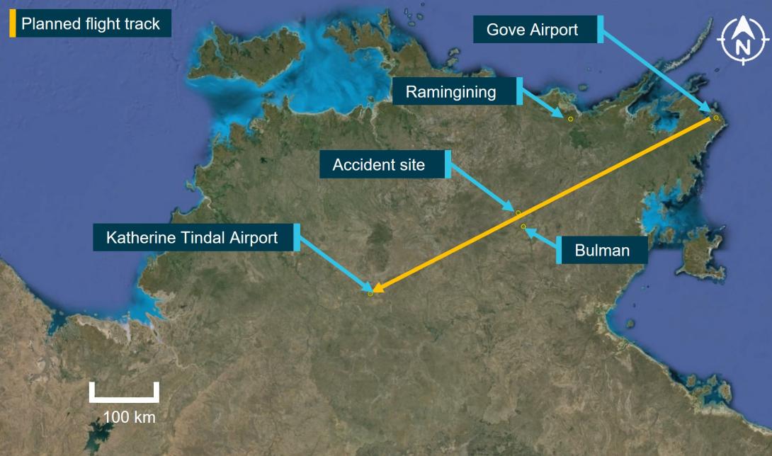 Figure 1: Satellite view showing the planned direct track, the location of the accident site and its proximity to Bulman 