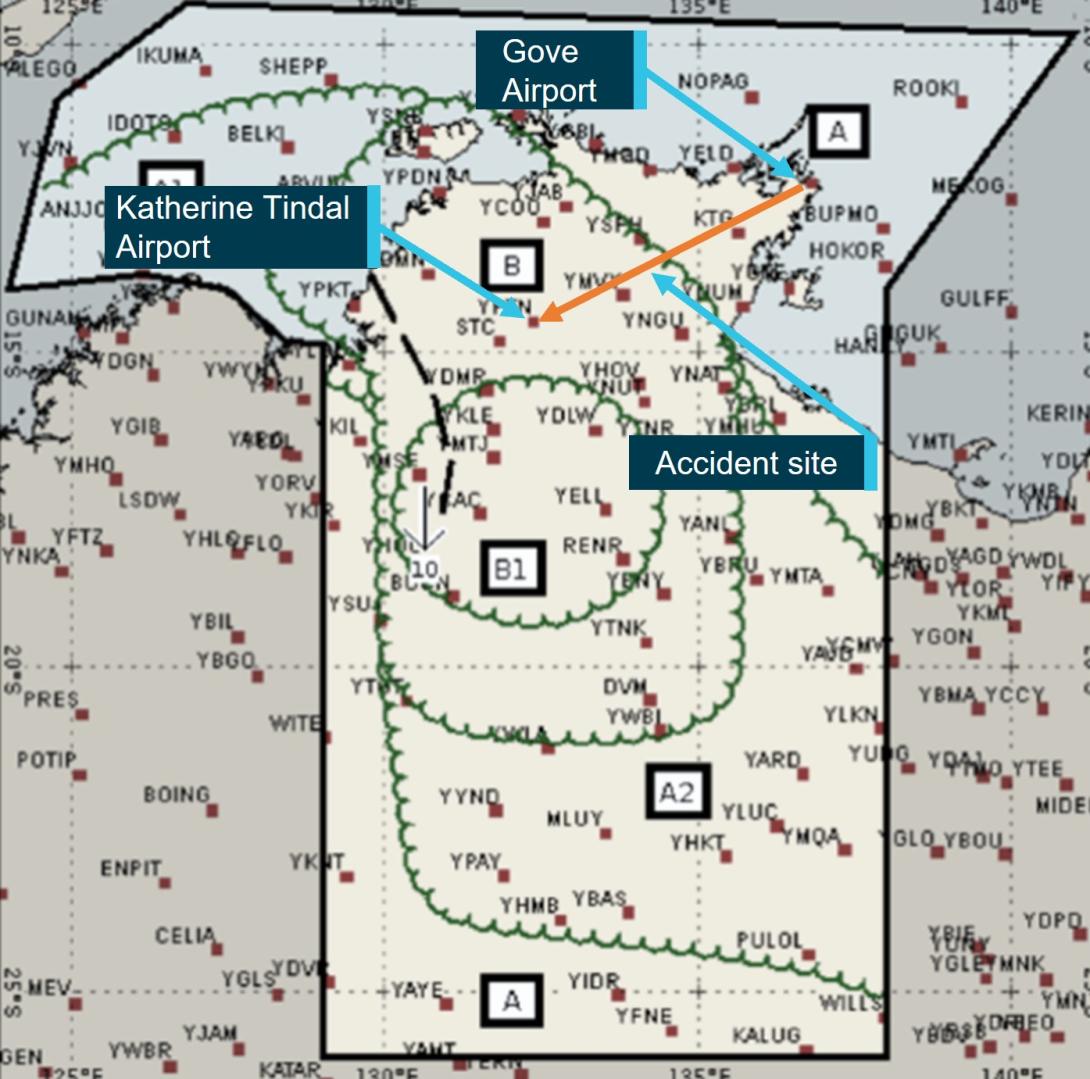 Figure 2: GAF for the Northern Territory with the track from Gove to Katherine Tindal Airport highlighted (upper image) and accompanying weather features (lower table)