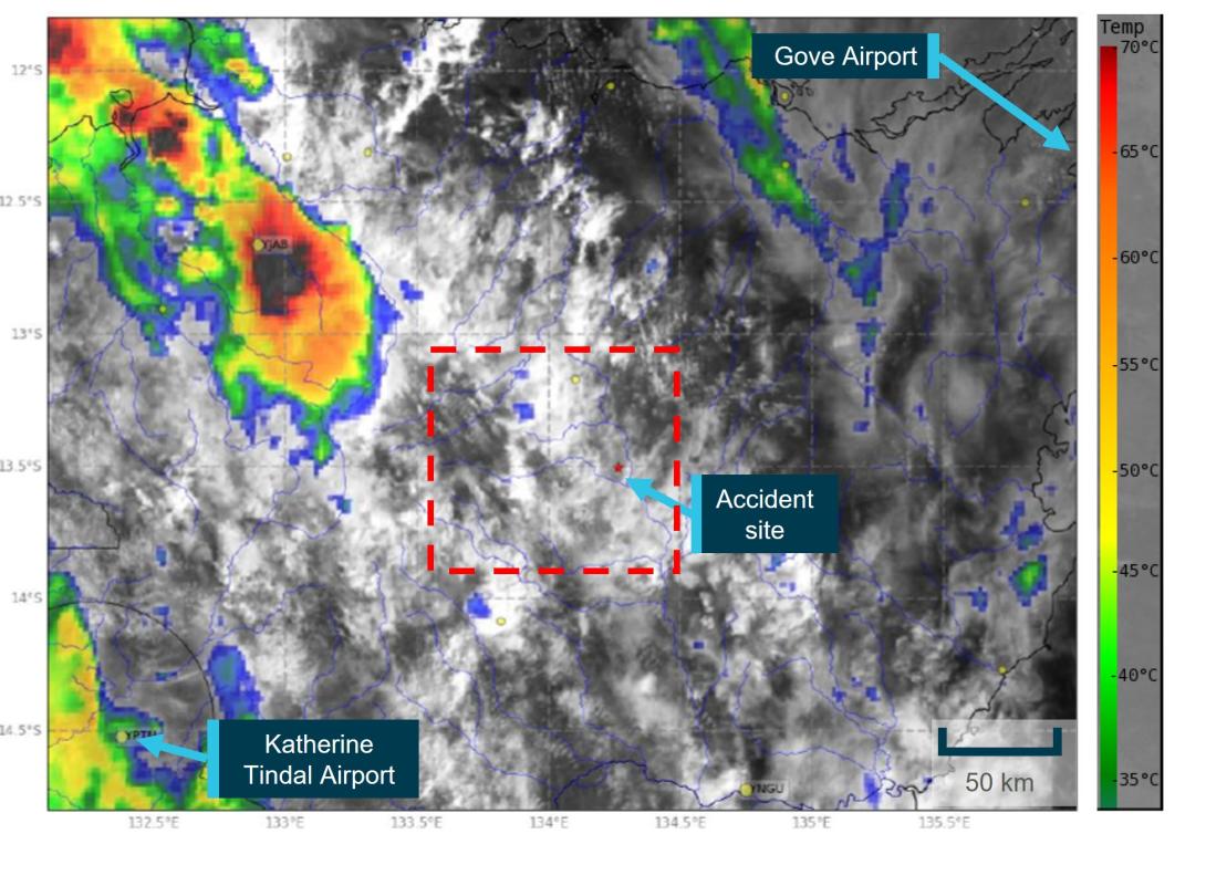 Figure 3: Weather satellite imagery showing cloud and convective cloud activity relative to the accident site at 0900 on 24 December 2022 