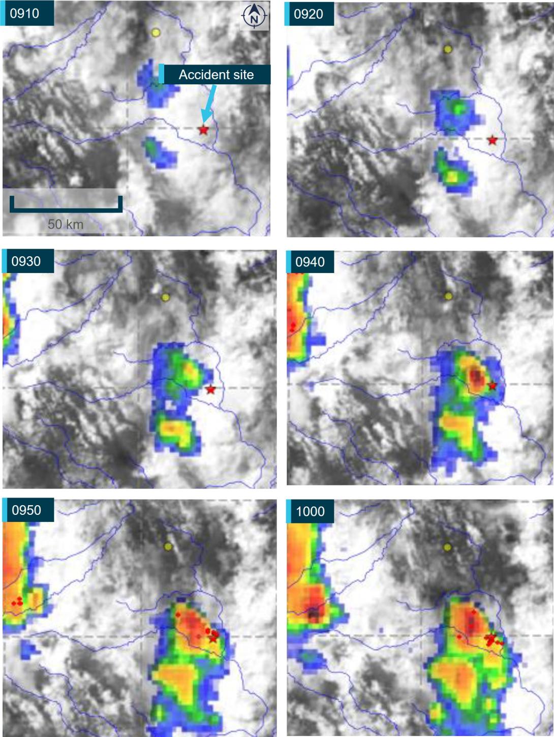 Figure 4: Montage of satellite imagery showing the rapid build-up of convective activity near the accident site from 0910 to 1000 on 24 December 2022 