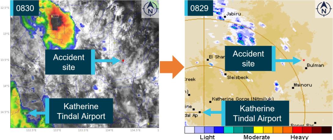 Figure 5: Broad area comparison of satellite/convective activity (left) and rain radar data (right) near to the accident site at 0830 on 24 December 2022