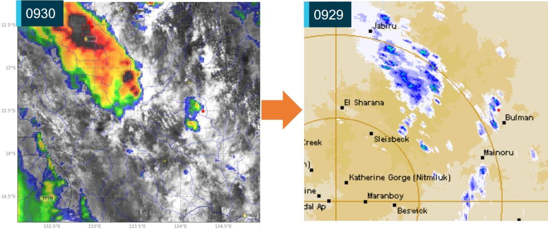 Figure 6: Broad area comparison of satellite/convective activity (left) and rain radar data (right) near to the accident site at 0930 on 24 December 2022