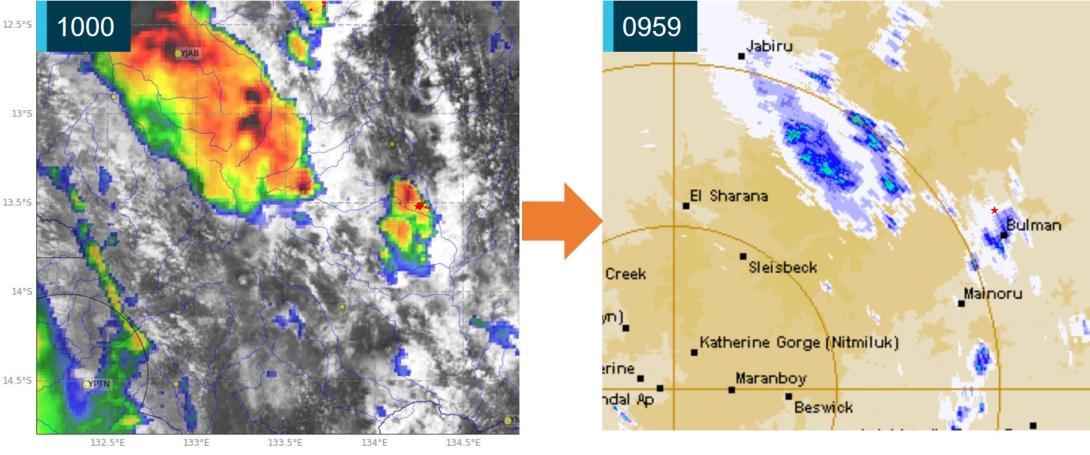 Figure 7: Broad area comparison of satellite/convective activity (left) and rain radar data (right) near to the accident site at 1000 on 24 December 2022