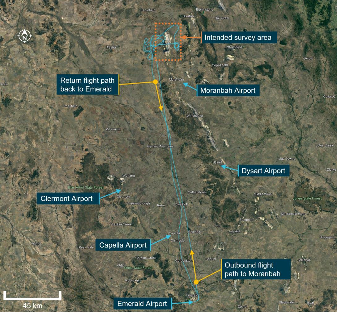 Figure 1: Survey area location and recorded flight path between Emerald and Moranbah