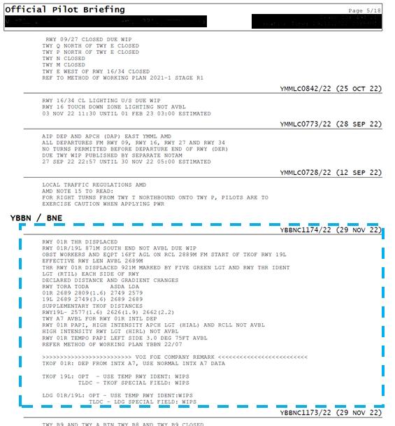 Figure 4: Page 5 of the NOTAM package, highlighting NOTAM YBBNC1174/22 and its associated FOE performance requirement