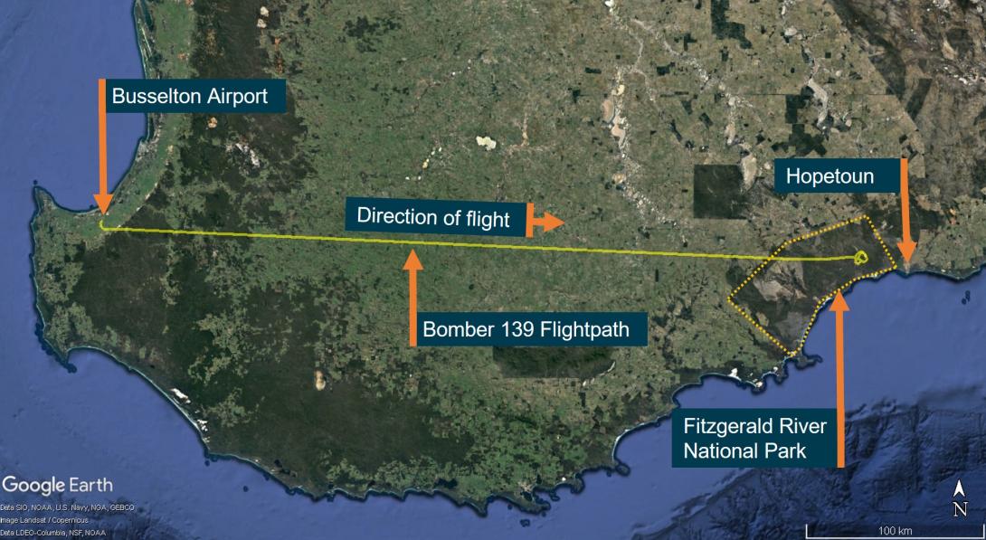 Figure 1: Bomber 139 flightpath from Busselton to Fitzgerald River National Park