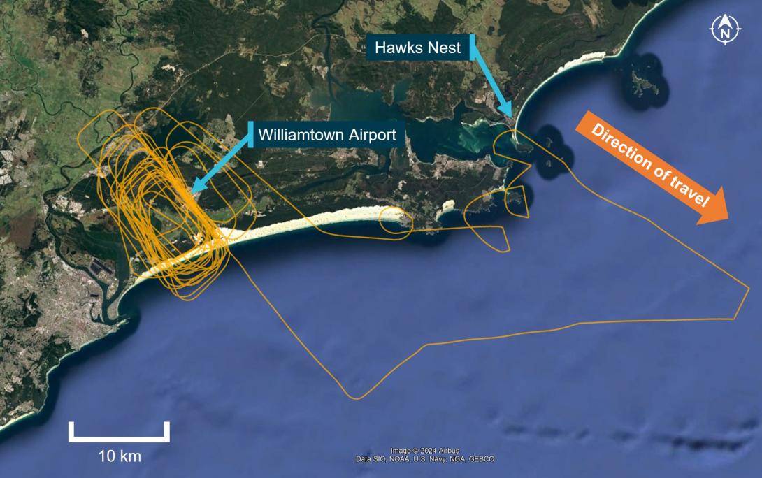 Figure 2: VH-XDV completed numerous circuits at Williamtown before transiting to Hawks Nest, then returning to Williamtown