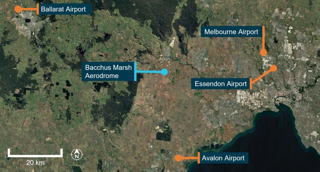 Figure 4: Location of Bacchus Marsh airfield relative to nearby aerodrome weather forecast locations