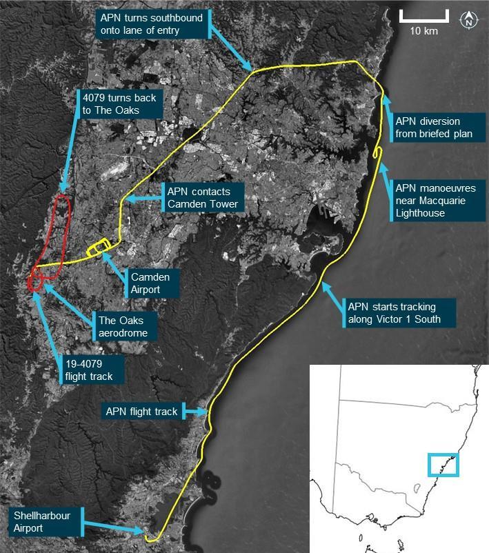 Figure 1: Flight paths of VH-APN, 19-4079 and accident location