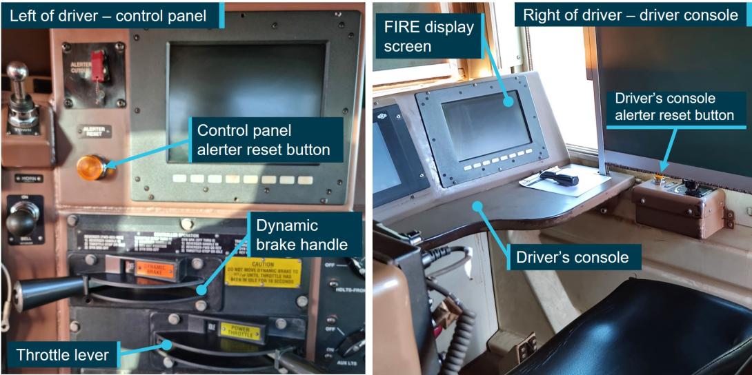 Figure 5: Alerter reset button on control panel and driver’s console