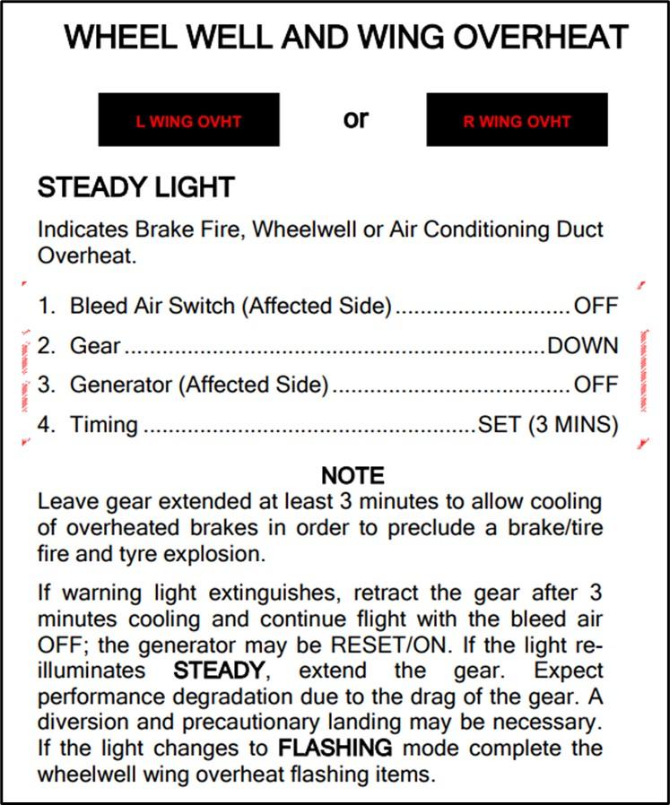 Figure 6: Wheel well and wing overheat, steady light QRH checklist