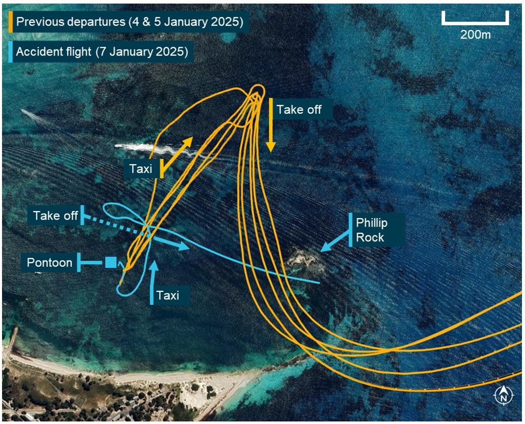 Figure 5: Recorded departure tracks for VH-WTY within Thomson Bay displaying the difference between the accident flight and the previous flights