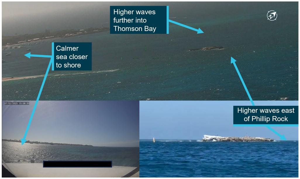 Figure 6: Aerial view shortly after the accident near to the impact point showing the rougher sea state outside of Thomson Bay (top), with surface photography from a vessel in Thomson Bay (bottom left) and a witness on the shore (bottom right) showing conditions shortly before the accident. 