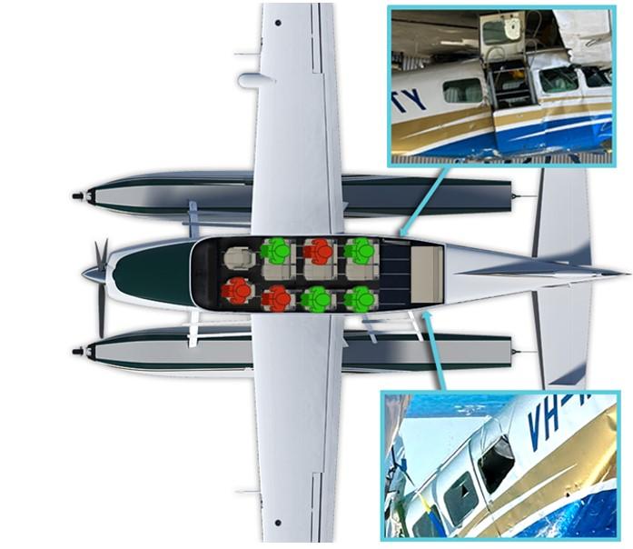 Figure 9: Cessna 208 seating plan showing the occupant location for those who survived (green) and those who sustained fatal injuries (red)