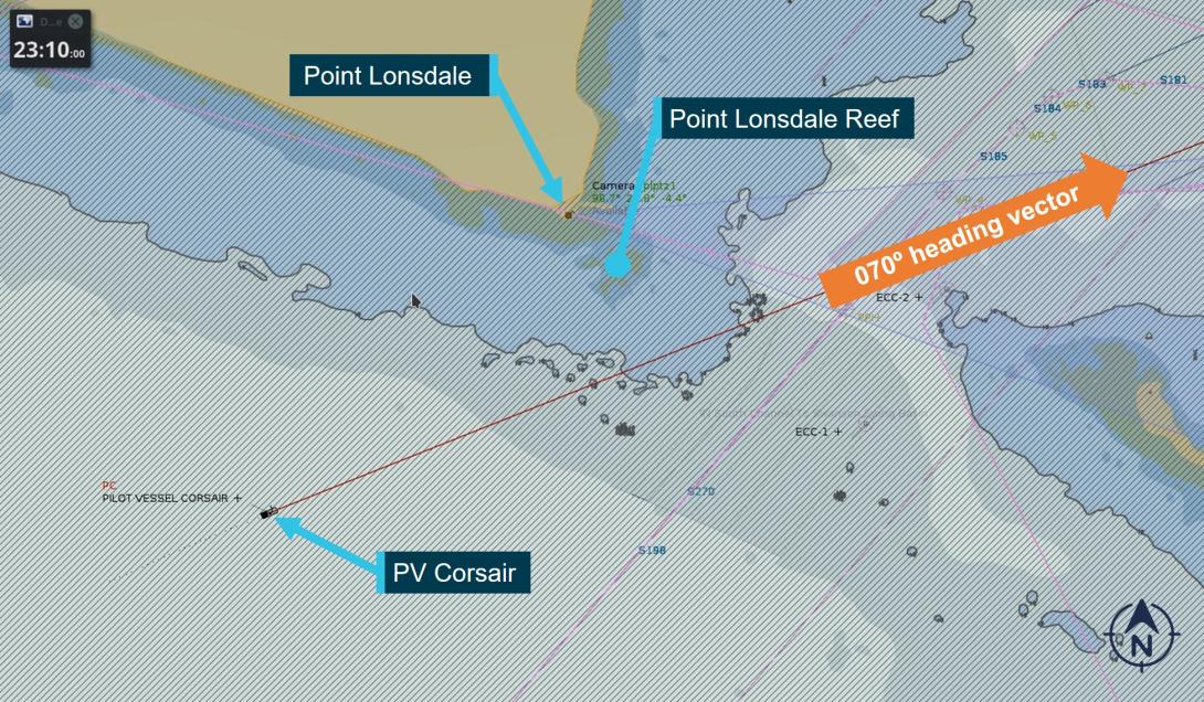 Figure 2: The heading vector of PV Corsair at 2310 prior to course alteration to port