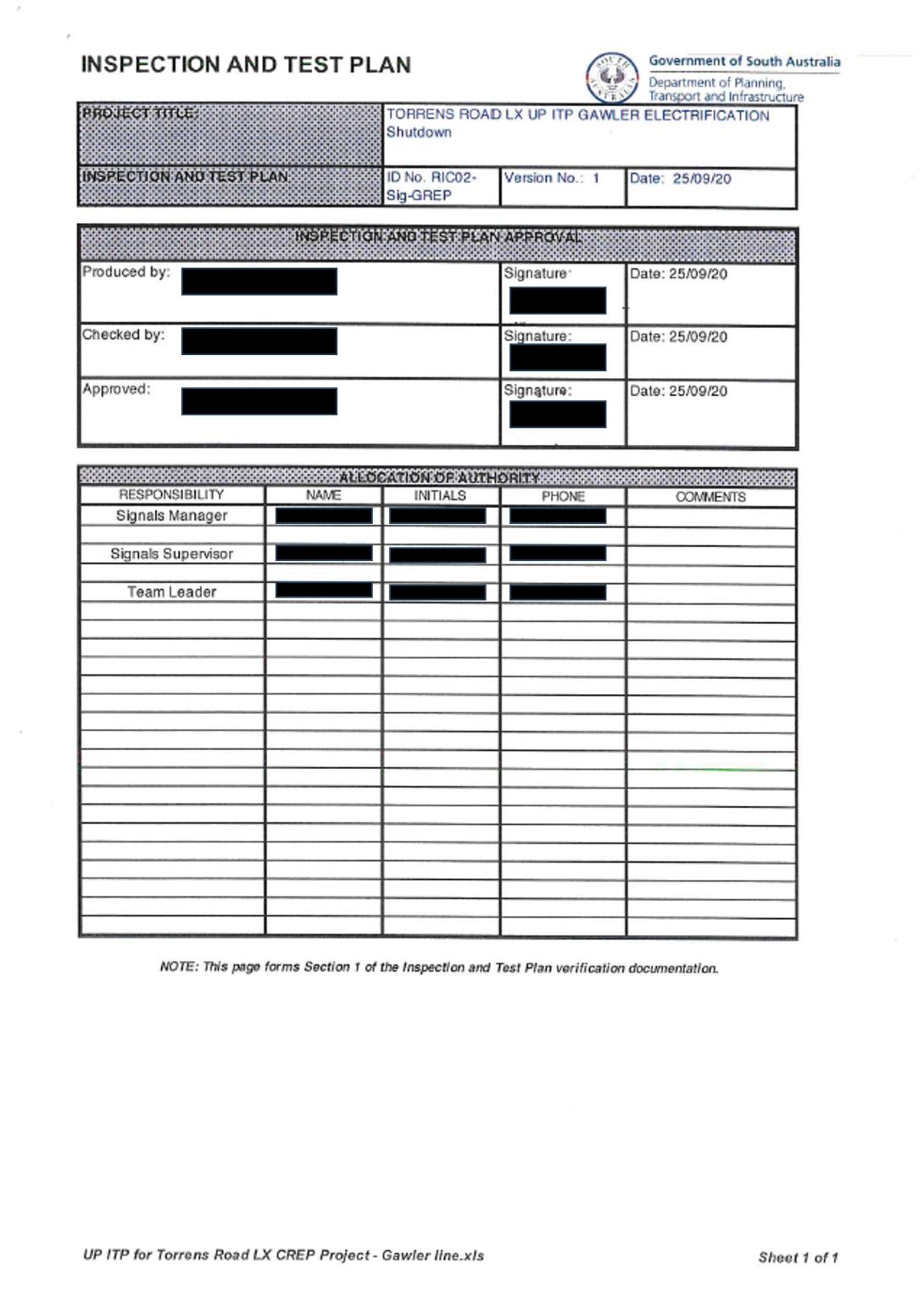 Appendix C – Torrens Road inspection and test plan