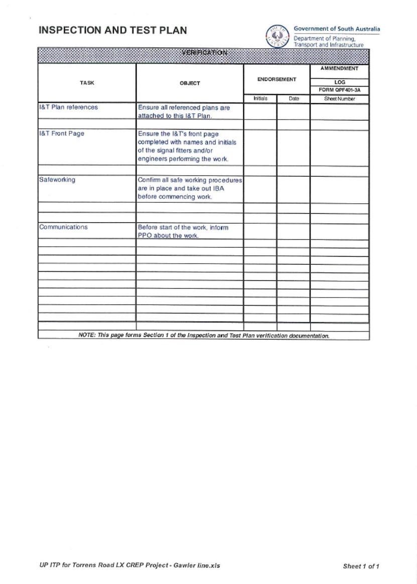 Appendix C – Torrens Road inspection and test plan