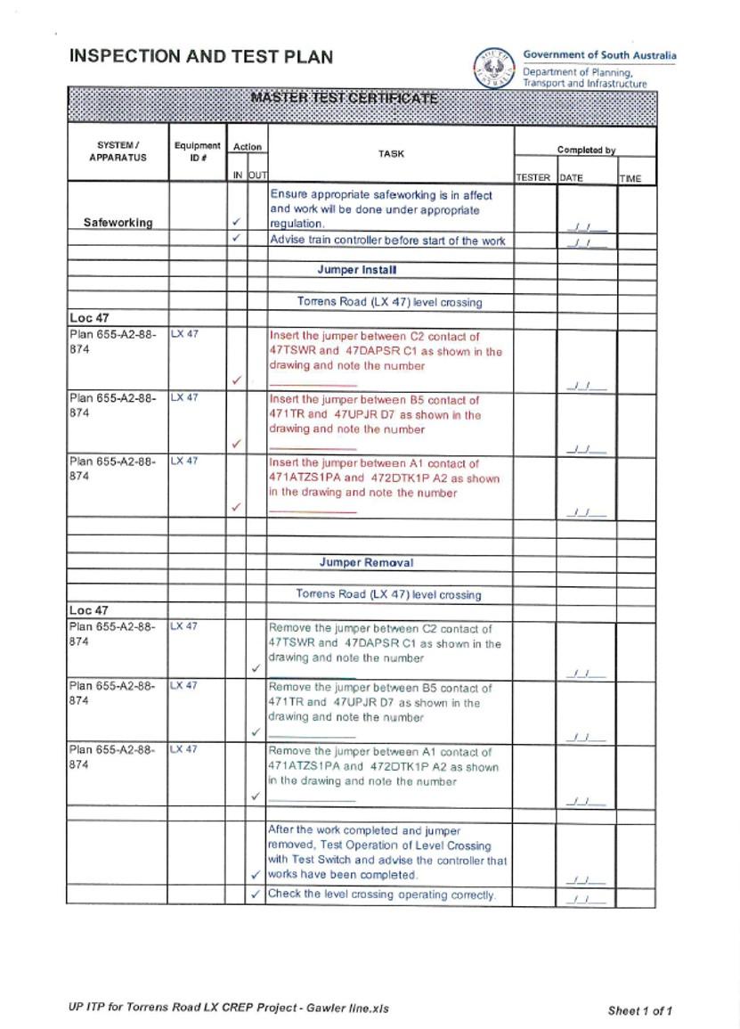 Appendix C – Torrens Road inspection and test plan