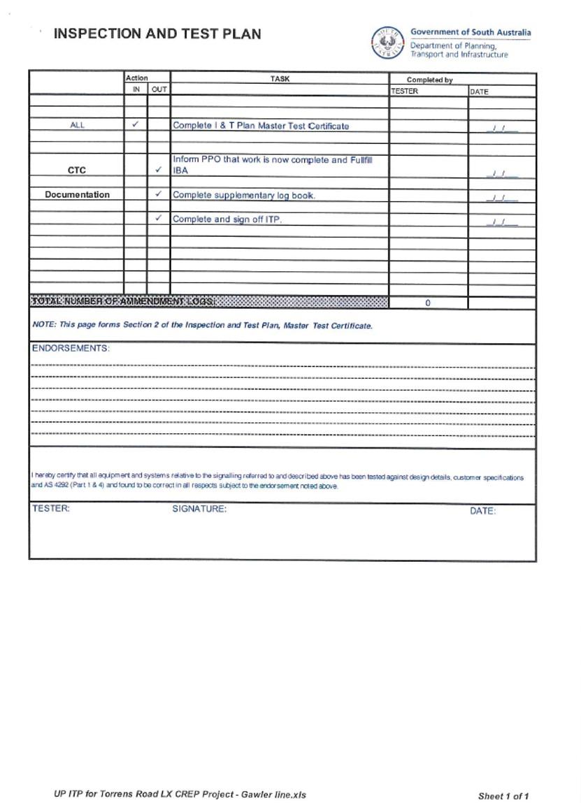 Appendix C – Torrens Road inspection and test plan