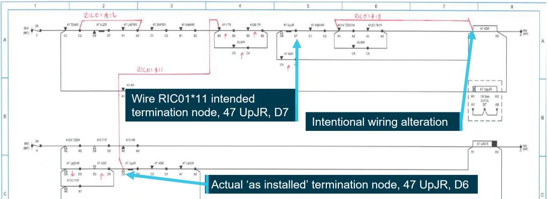 Figure 12: Extract of the Torrens Road level crossing control circuit showing temporary jumper wires in the ‘as installed’ configuration