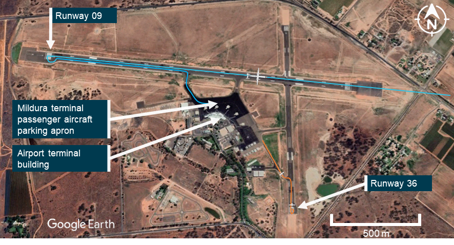 Figure 1: Overview of airport showing Dash 8 (blue) and Lancair (orange) ground tracks