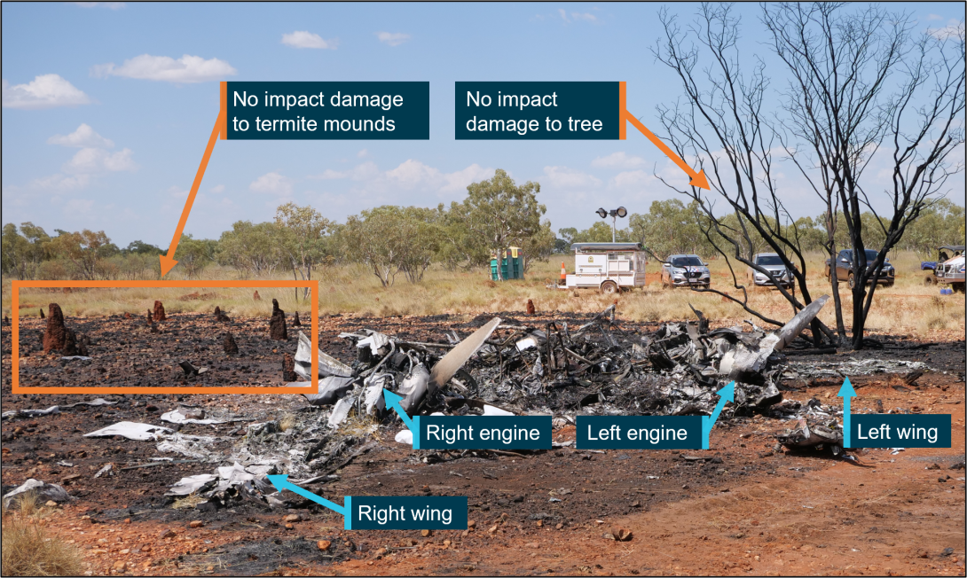 Figure 13: Heavily disrupted and burnt remnants of the wreckage at the accident site